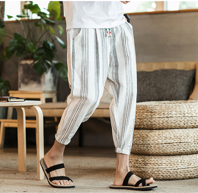 Chinese style new cotton and linen men's nine pants striped large size casual pants youth feet Japanese men's pants