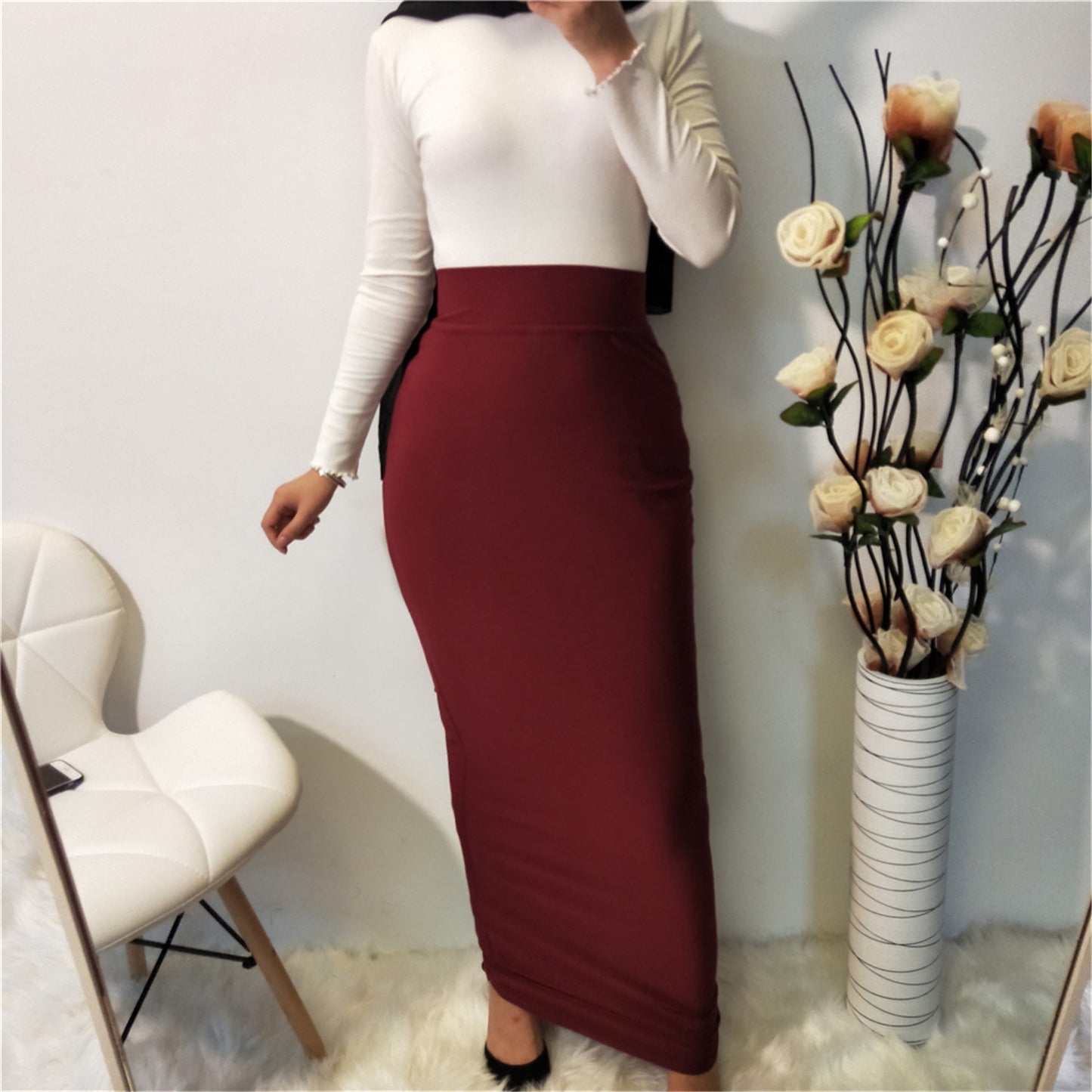 All-Match Solid Color Modal Skirt, Muslim Hip Skirt