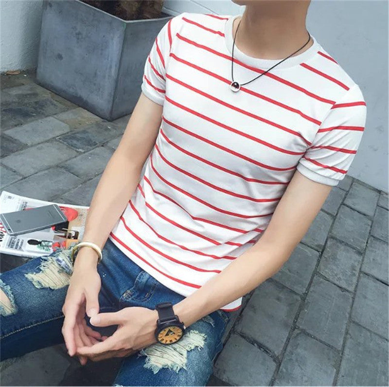 Men's Striped T-shirt Youth Casual Top Slim Fit