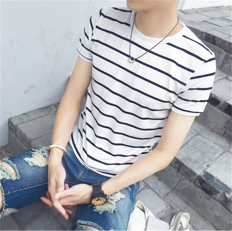 Men's Striped T-shirt Youth Casual Top Slim Fit