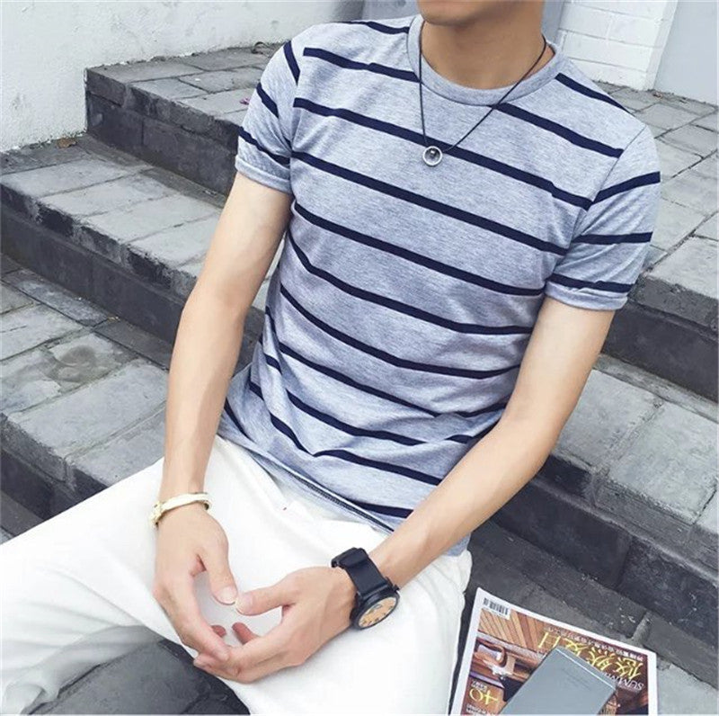 Men's Striped T-shirt Youth Casual Top Slim Fit