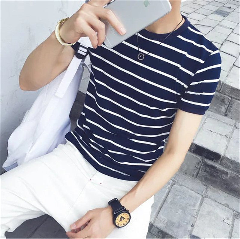 Men's Striped T-shirt Youth Casual Top Slim Fit