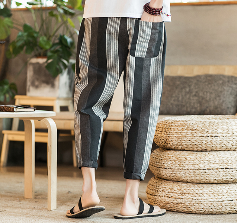 Chinese style new cotton and linen men's nine pants striped large size casual pants youth feet Japanese men's pants