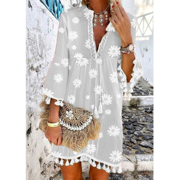 Minimalist Tassel V-neck Printed Dress