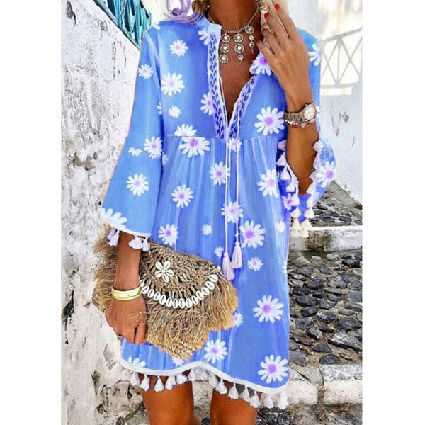 Minimalist Tassel V-neck Printed Dress