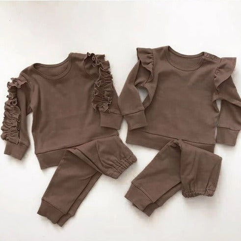 Newborn Baby Boys Girls Ruffles Jumper Solid Long Sleeve Sweatshirt Tops Pants Infant Kids 2Pcs Outfits Clothes Set Fall Clothes