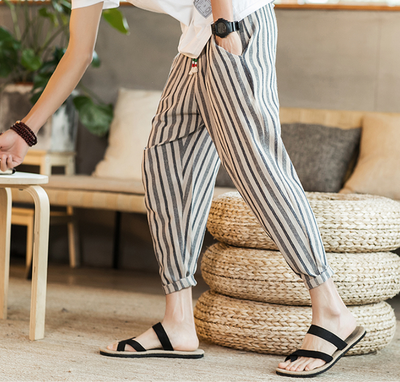 Chinese style new cotton and linen men's nine pants striped large size casual pants youth feet Japanese men's pants