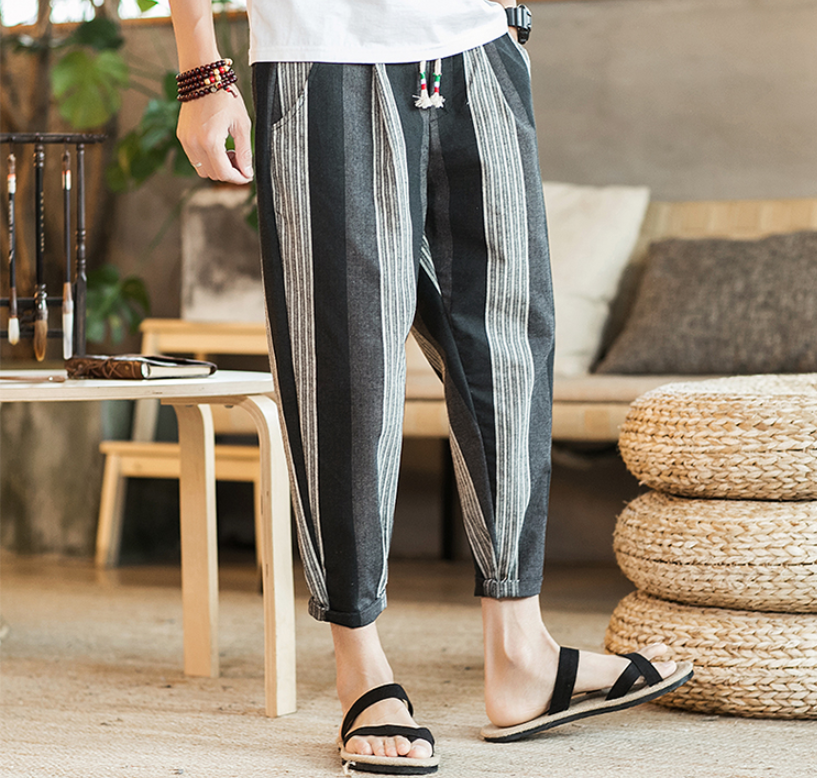 Chinese style new cotton and linen men's nine pants striped large size casual pants youth feet Japanese men's pants