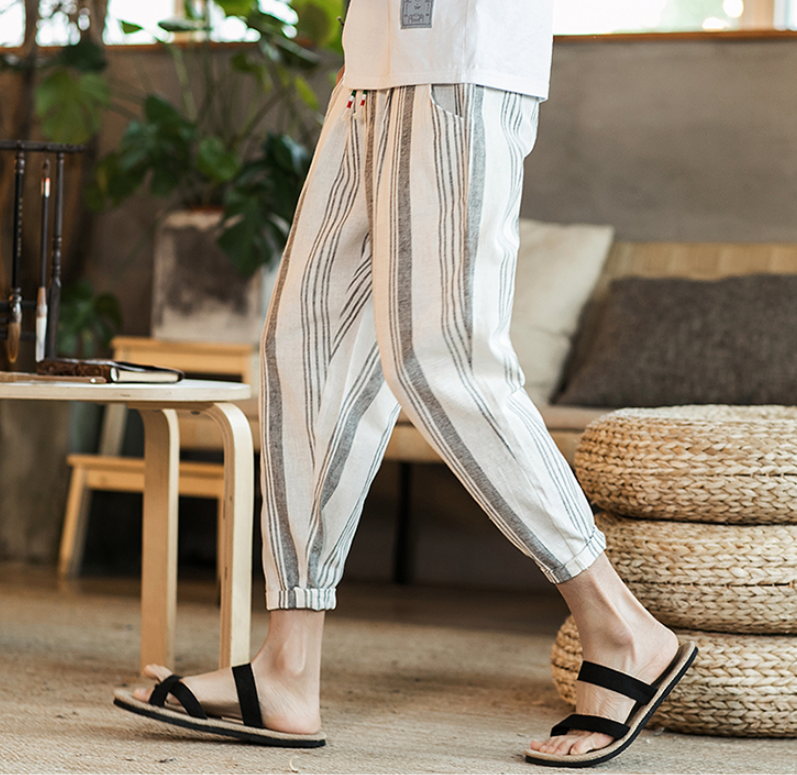 Chinese style new cotton and linen men's nine pants striped large size casual pants youth feet Japanese men's pants