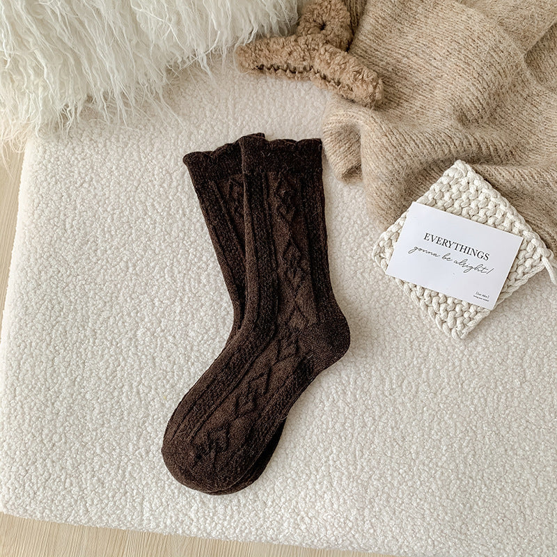 Autumn And Winter Thickening Diamond-shaped Milk Curry Color System Wool Mid-thigh Socks