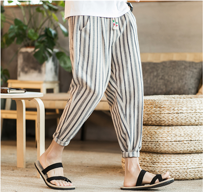 Chinese style new cotton and linen men's nine pants striped large size casual pants youth feet Japanese men's pants