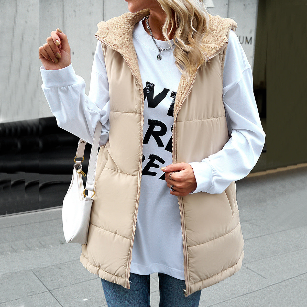 Winter Vest Women Loose Commuting Mid-length Hooded Cotton Jacket With Pockets