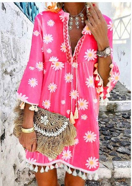 Minimalist Tassel V-neck Printed Dress