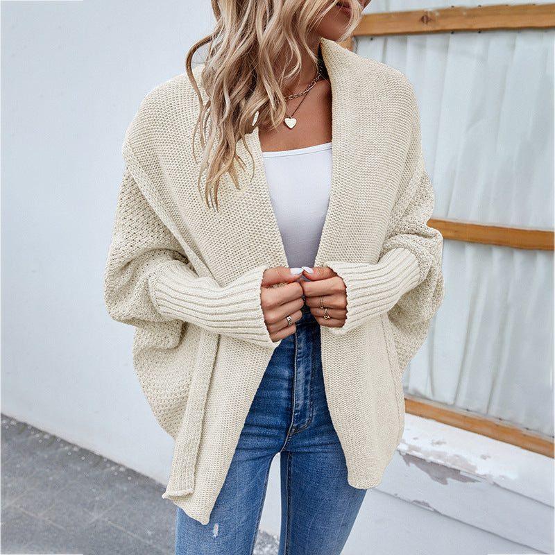 New Loose Knitted Sweater Solid Color Bat Sleeve Large Lapel Cardigan