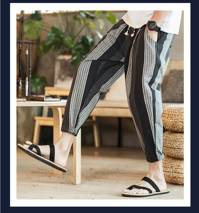 Chinese style new cotton and linen men's nine pants striped large size casual pants youth feet Japanese men's pants