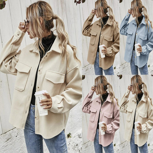 Winter Coat Women Lapel Single-breasted Thickened Solid Color Jacket Woolen Loose Short Coat For Women Fashion Outwear Clothing