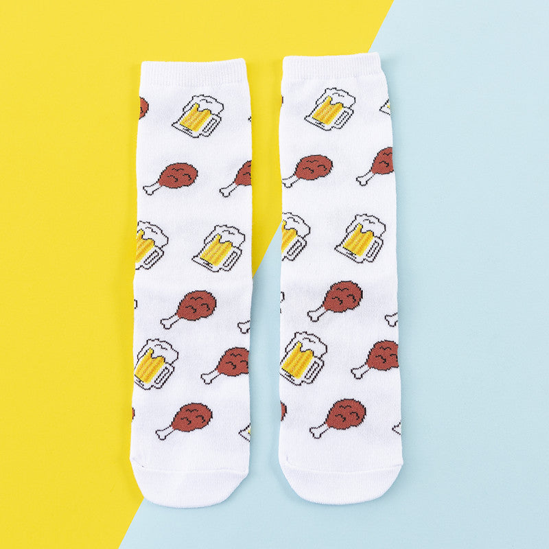 Avocado Chips Egg Fun Patchwork Color Medium Tube Cotton Socks Female