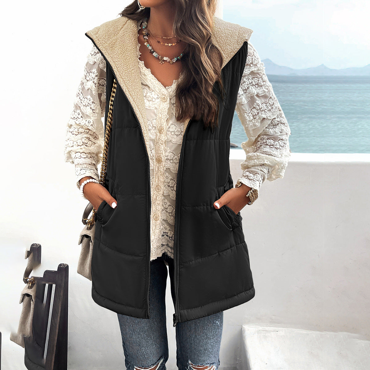 Winter Vest Women Loose Commuting Mid-length Hooded Cotton Jacket With Pockets