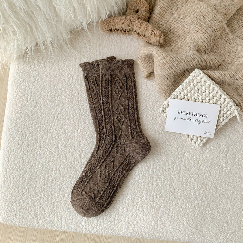 Autumn And Winter Thickening Diamond-shaped Milk Curry Color System Wool Mid-thigh Socks