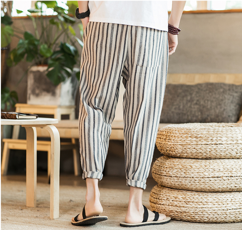 Chinese style new cotton and linen men's nine pants striped large size casual pants youth feet Japanese men's pants