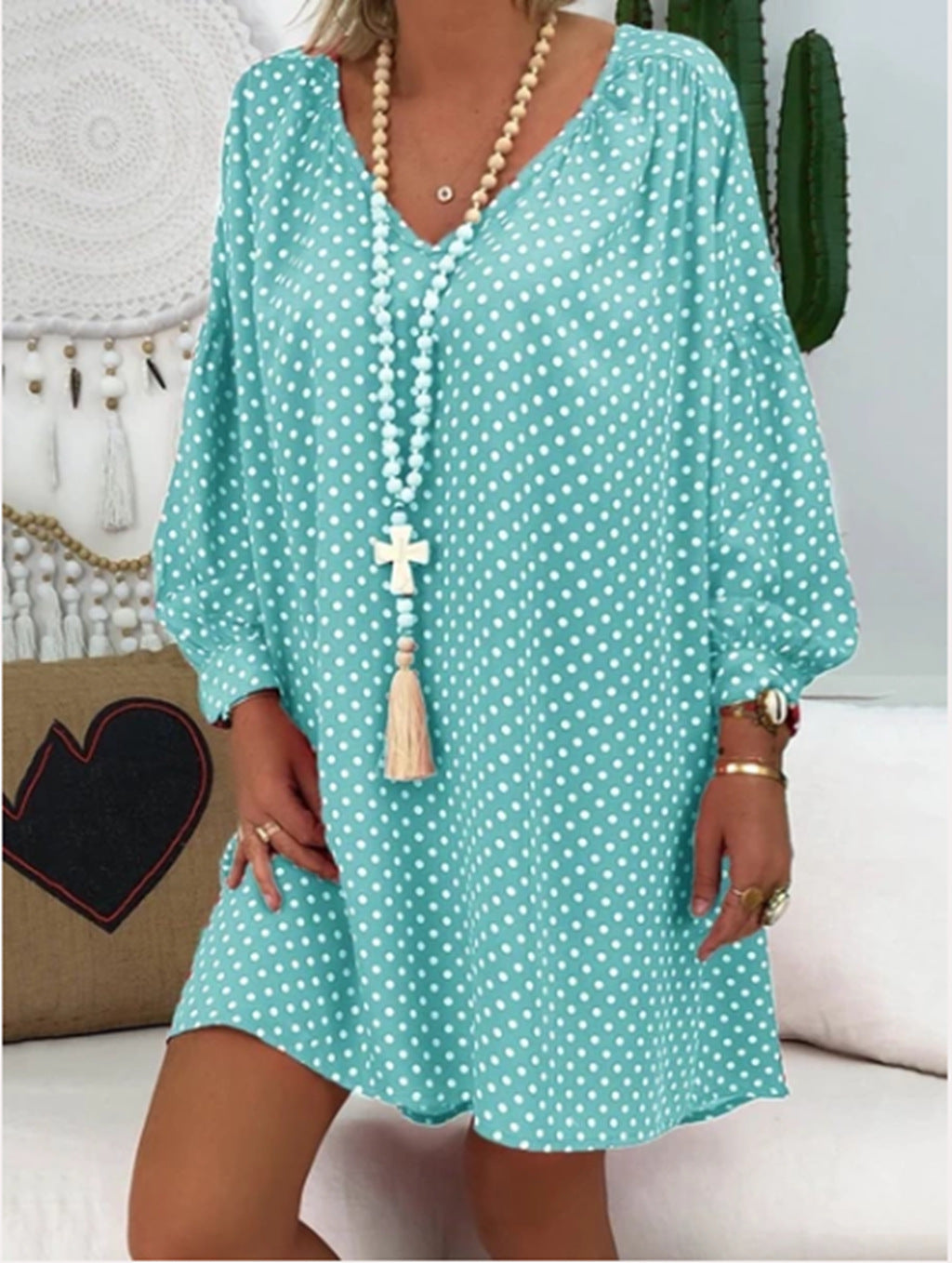 Fancy Print Dress V-neck Long Sleeve