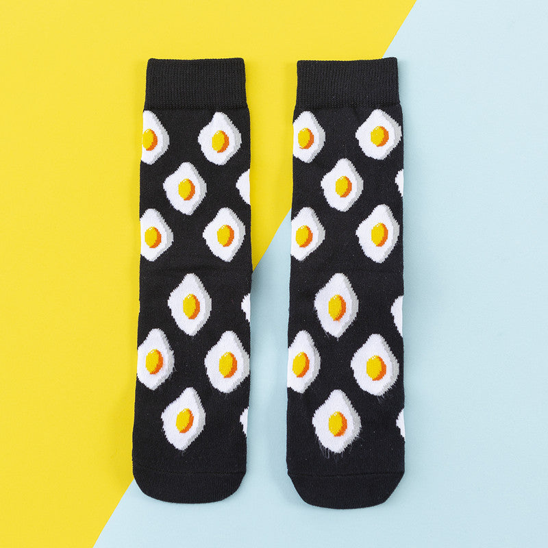 Avocado Chips Egg Fun Patchwork Color Medium Tube Cotton Socks Female