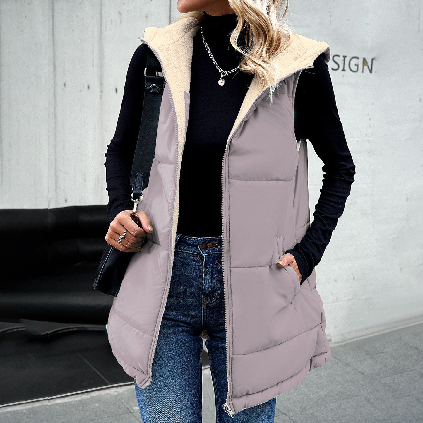 Winter Vest Women Loose Commuting Mid-length Hooded Cotton Jacket With Pockets