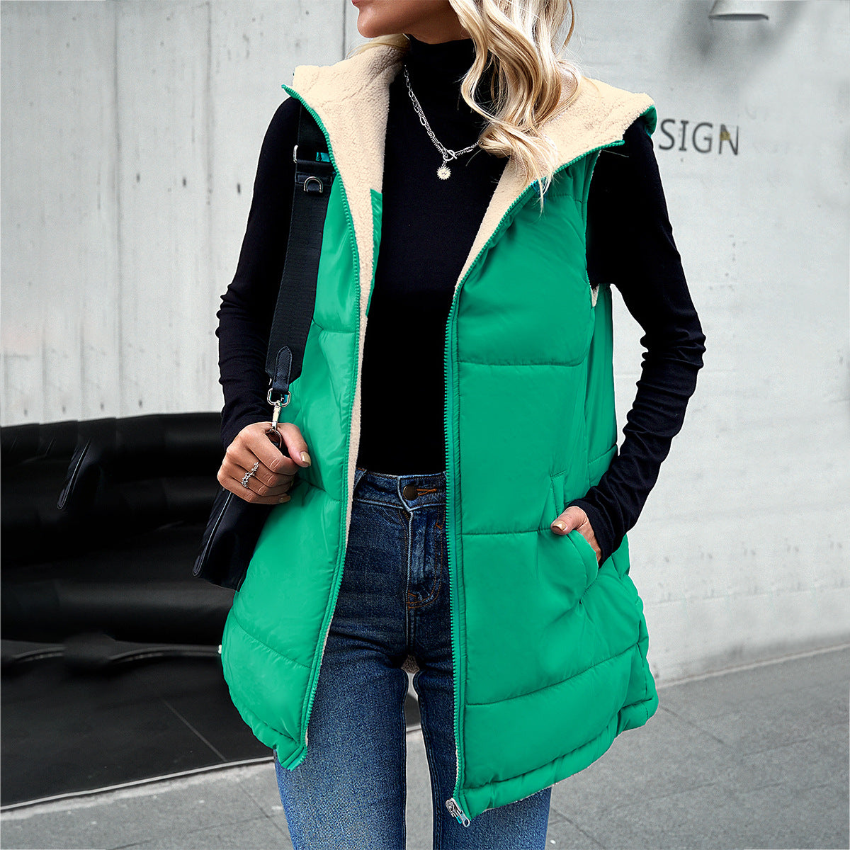 Winter Vest Women Loose Commuting Mid-length Hooded Cotton Jacket With Pockets