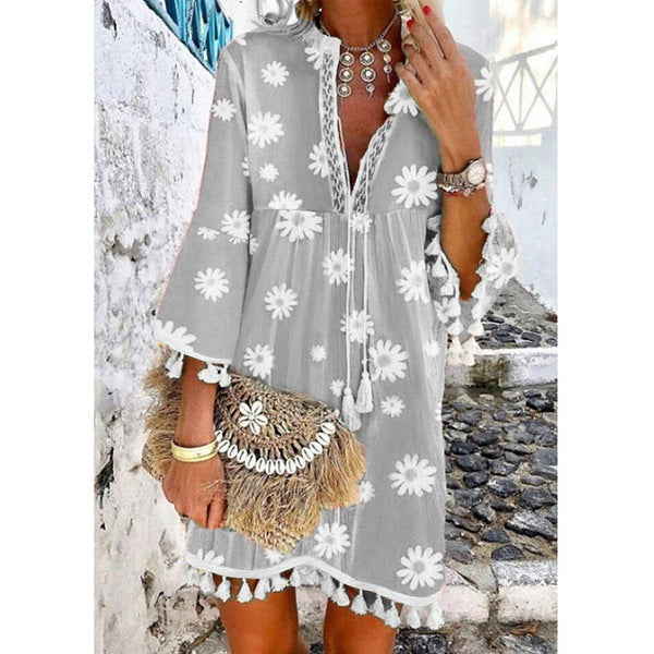 Minimalist Tassel V-neck Printed Dress