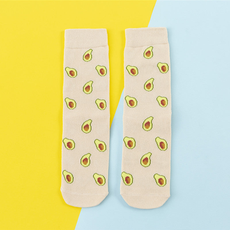 Avocado Chips Egg Fun Patchwork Color Medium Tube Cotton Socks Female