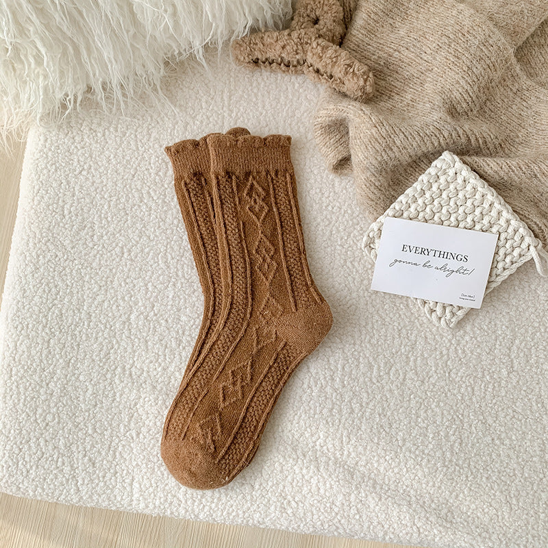 Autumn And Winter Thickening Diamond-shaped Milk Curry Color System Wool Mid-thigh Socks