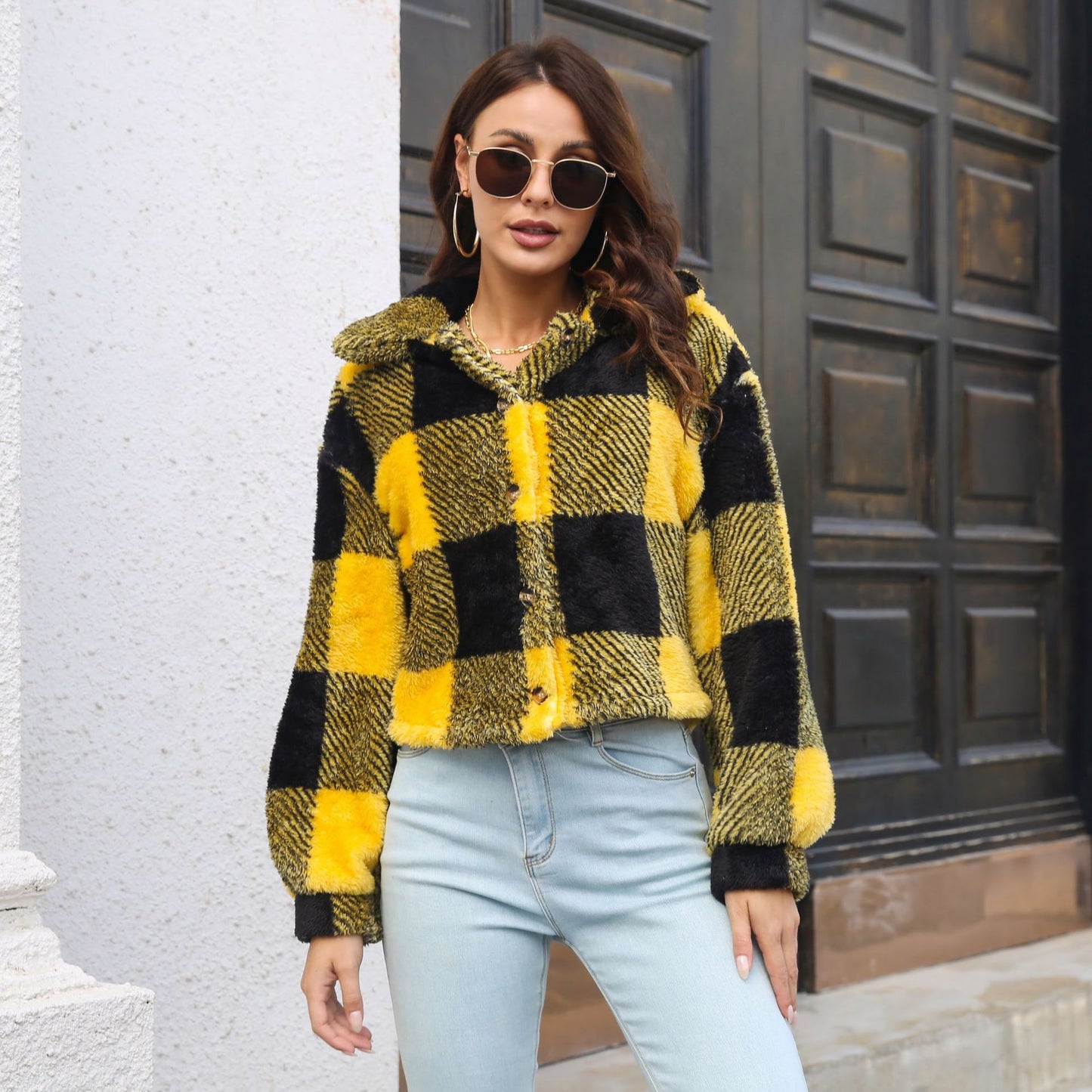 Plaid Double Sided Velvet Jacket For Women Lantern Sleeve Loose Short Coat