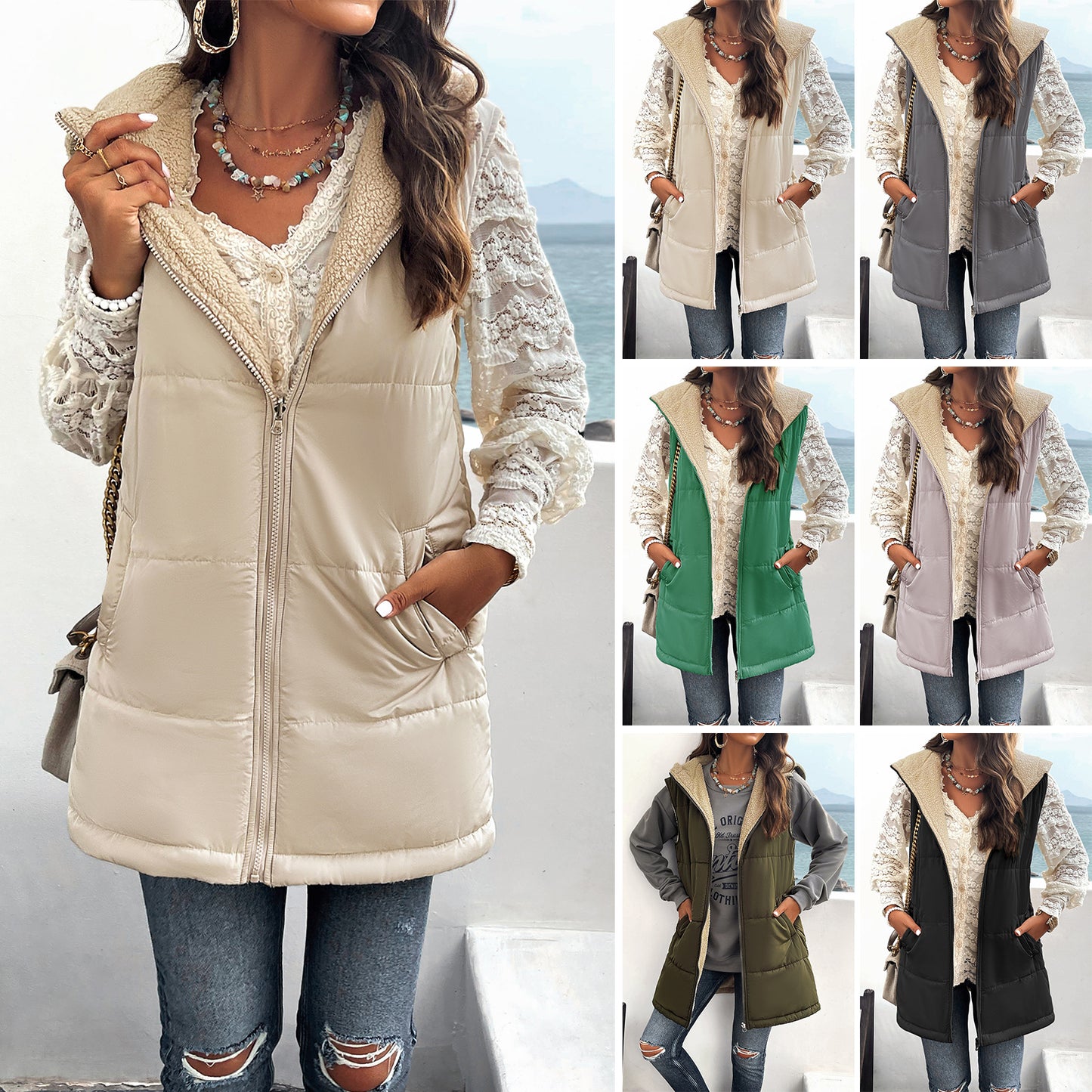 Winter Vest Women Loose Commuting Mid-length Hooded Cotton Jacket With Pockets